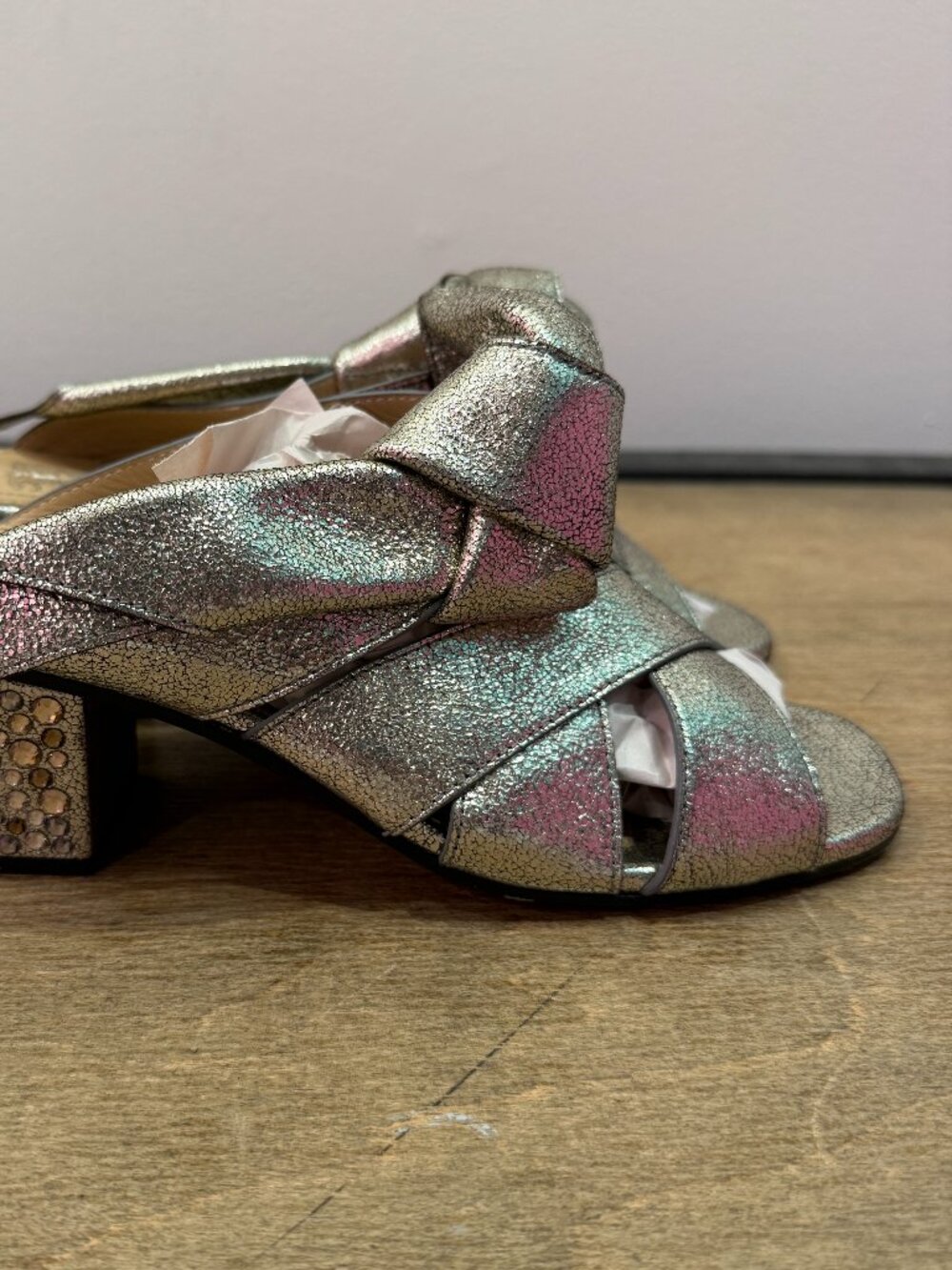 Chloe Silver Metallic Leather Rhinestone Crystal Block Heel Mule Slides 38.5 - Picture 8 of 14